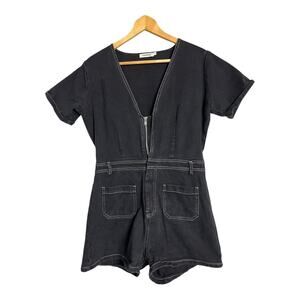 Farrow Womens Jumpsuit Romper Playsuit Black Denim Jeans Large Casual Zip Front